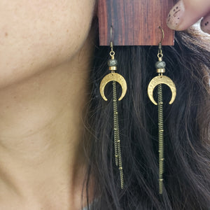 Crescent Moon Duster Earrings - Pyrite