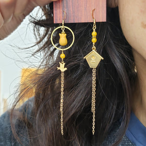 Asymmetric Floral Birdhouse Tulip Earrings