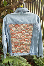 Load image into Gallery viewer, upcycled denim jacket with geometric upholstery patch on back
