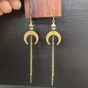 Crescent Moon Duster Earrings - Pyrite