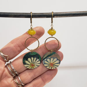 Floral Tin Dangle Earrings -  Olive Jade