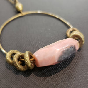 African Brass Hoop Pendant Necklace - Peruvian Pink Opal