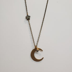 Crescent Moon and Star Necklace - Pyrite