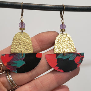 Curacao Red Floral Domed Tin Drop Earrings - Purple