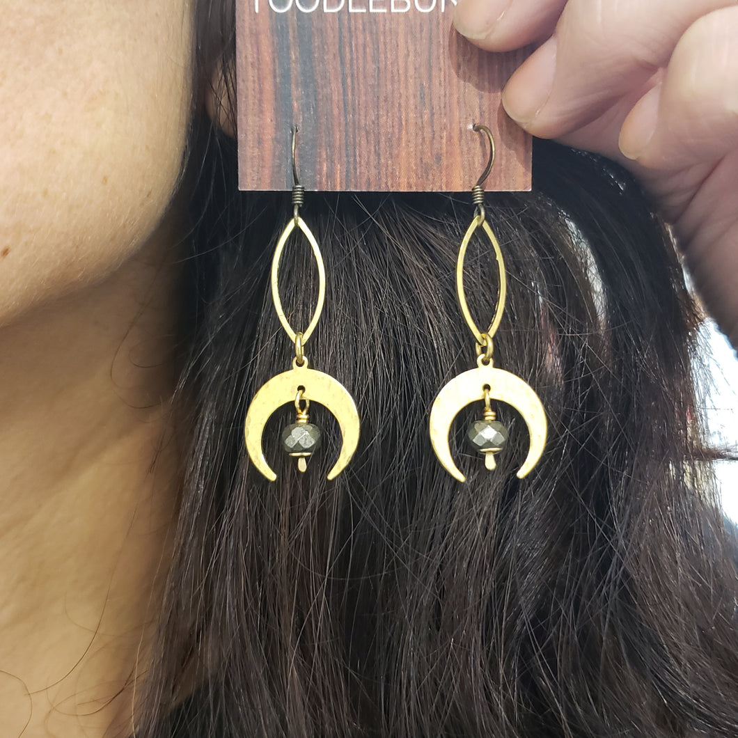 Crescent Moon Marquis Link Drop Earrings - Pyrite