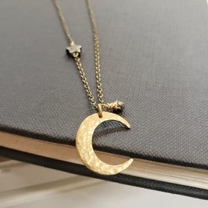 Crescent Moon and Star Necklace - Pyrite