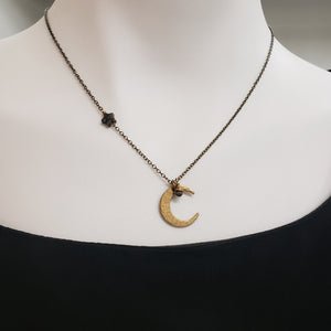 Crescent Moon and Star Necklace - Pyrite