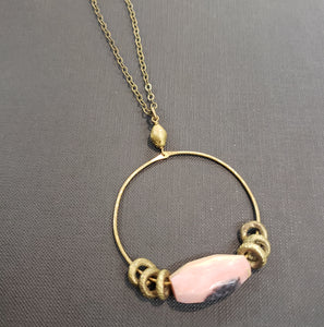 African Brass Hoop Pendant Necklace - Peruvian Pink Opal