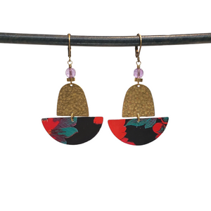 Curacao Red Floral Domed Tin Drop Earrings - Purple