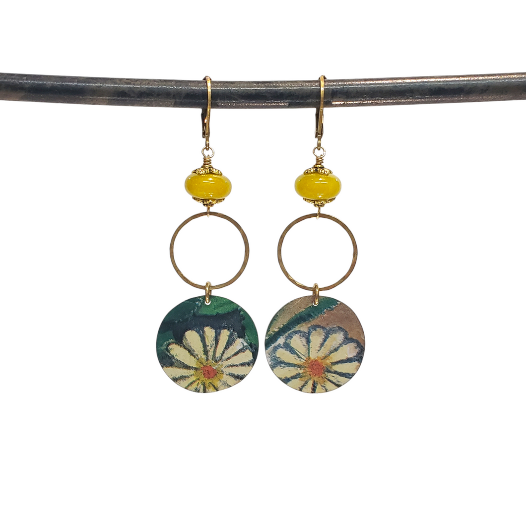 Floral Tin Dangle Earrings -  Olive Jade