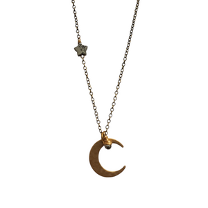 Crescent Moon and Star Necklace - Pyrite