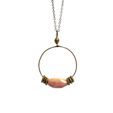 Load image into Gallery viewer, African Brass Hoop Pendant Necklace - Peruvian Pink Opal
