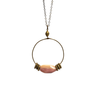 African Brass Hoop Pendant Necklace - Peruvian Pink Opal